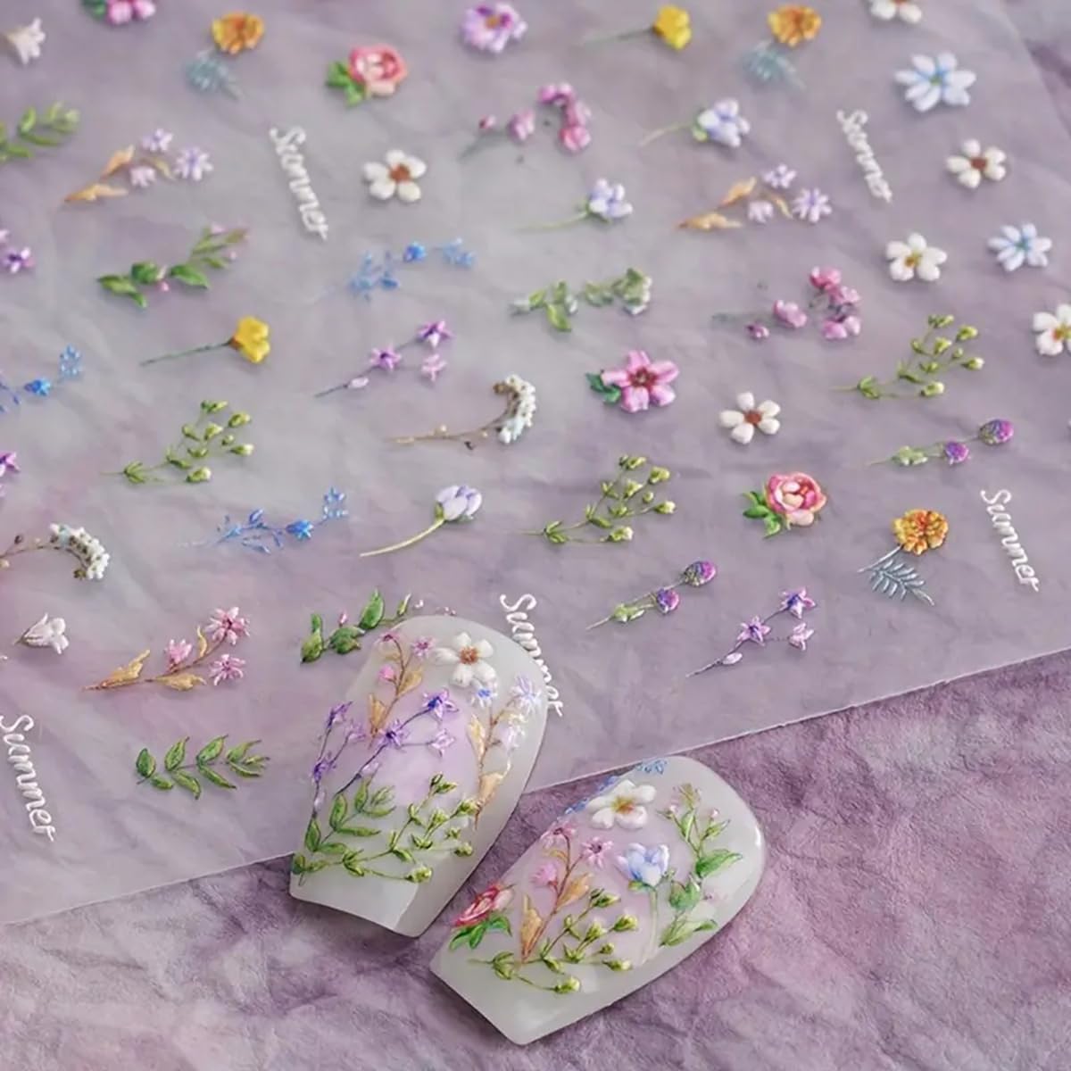Flower Nail Stickers for Nail Art – Flower Nail Art Stickers Summer Floral Leaf Plant 5D Embossed Nail Decals Self-Adhesive Nail Art Supplies Manicure Sliders Flower Stickers for Nails Art Decoration