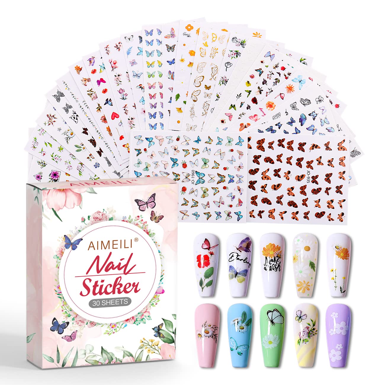 AIMEILI 30 Sheets Nail Art Stickers Colorful Butterfly Flower 3D Self-Adhesive Nail Stickers for Nail Art Decoration