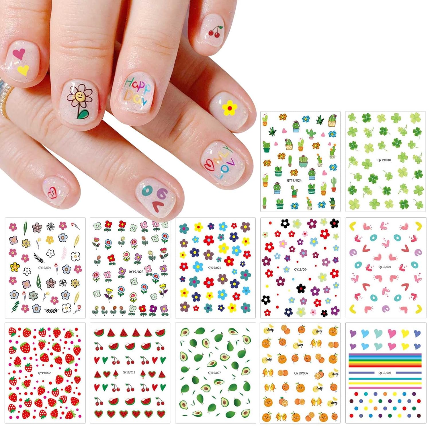 JMEOWIO 14 Sheets Cute Nail Stickers for Kids Nail Art Stickers Decals Self-Adhesive Pegatinas Uñas Rainbow Flower Fruit Nail Supplies Nail Art Design Decoration Accessories