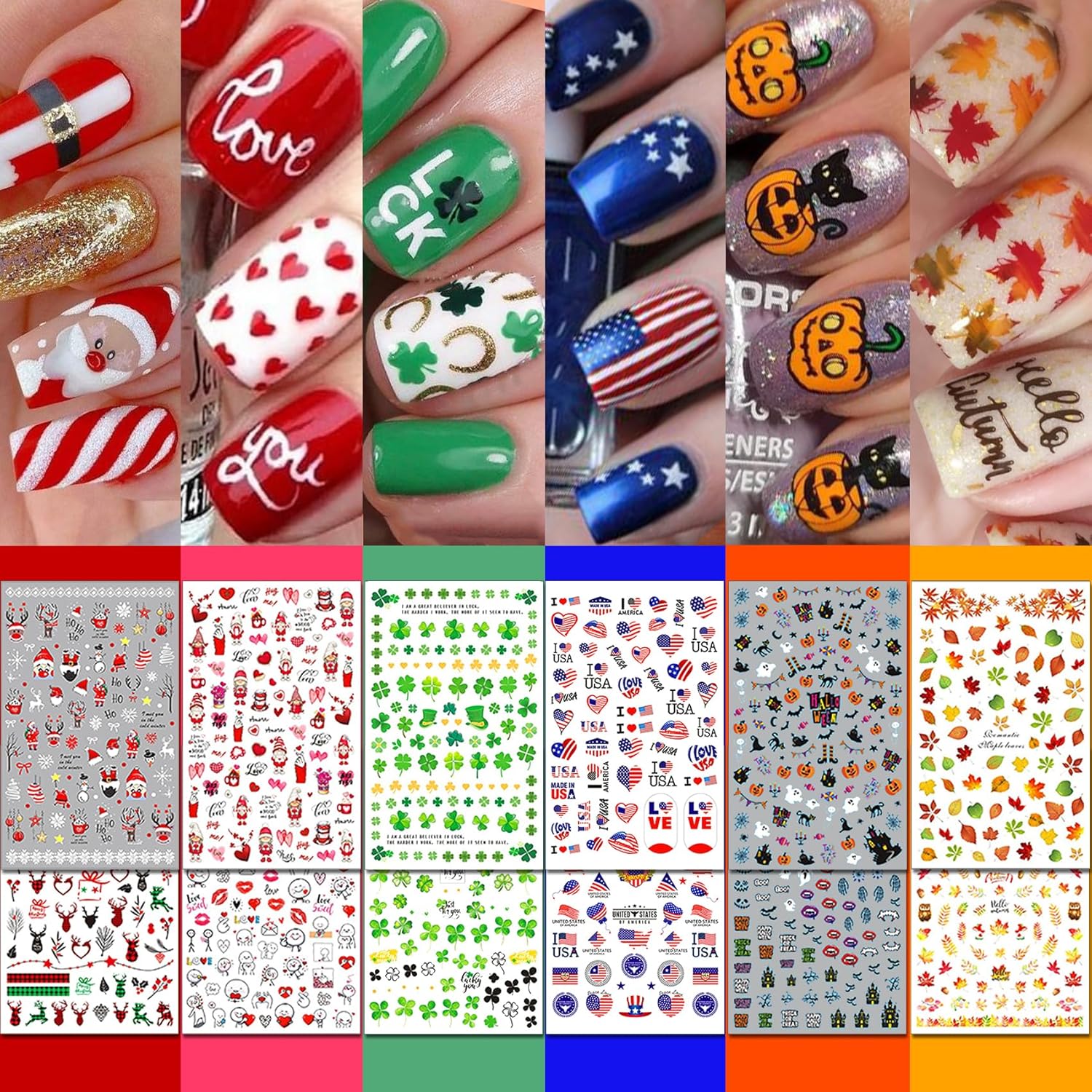 30 Sheets All Holiday Nail Art Stickers, Variety Pack Seasonal Nail Decals for All Year, Self-Adhesive Pegatinas Uñas St. Patrick’s Independence Day Halloween Fall Christmas Heart Design