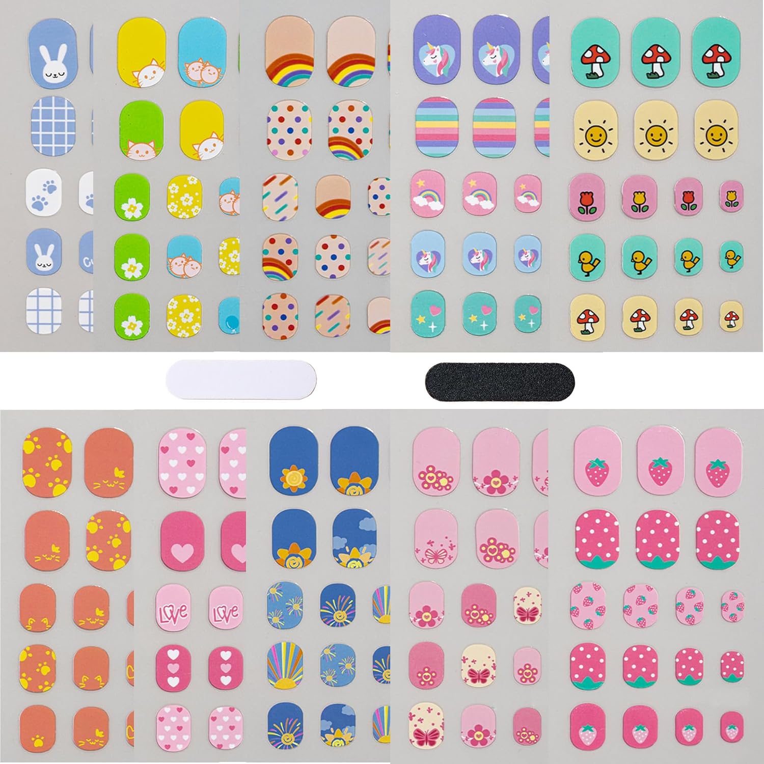 Colorful Kid Nail Stickers Full Nail Wraps for Kids Girls Self Adhesive Nail Strips for Nail Art Decoration Fun Including Rainbow Cat Rabbit Flower Strawberry Heart Sun for Age 8 and Older (10 Sheets)